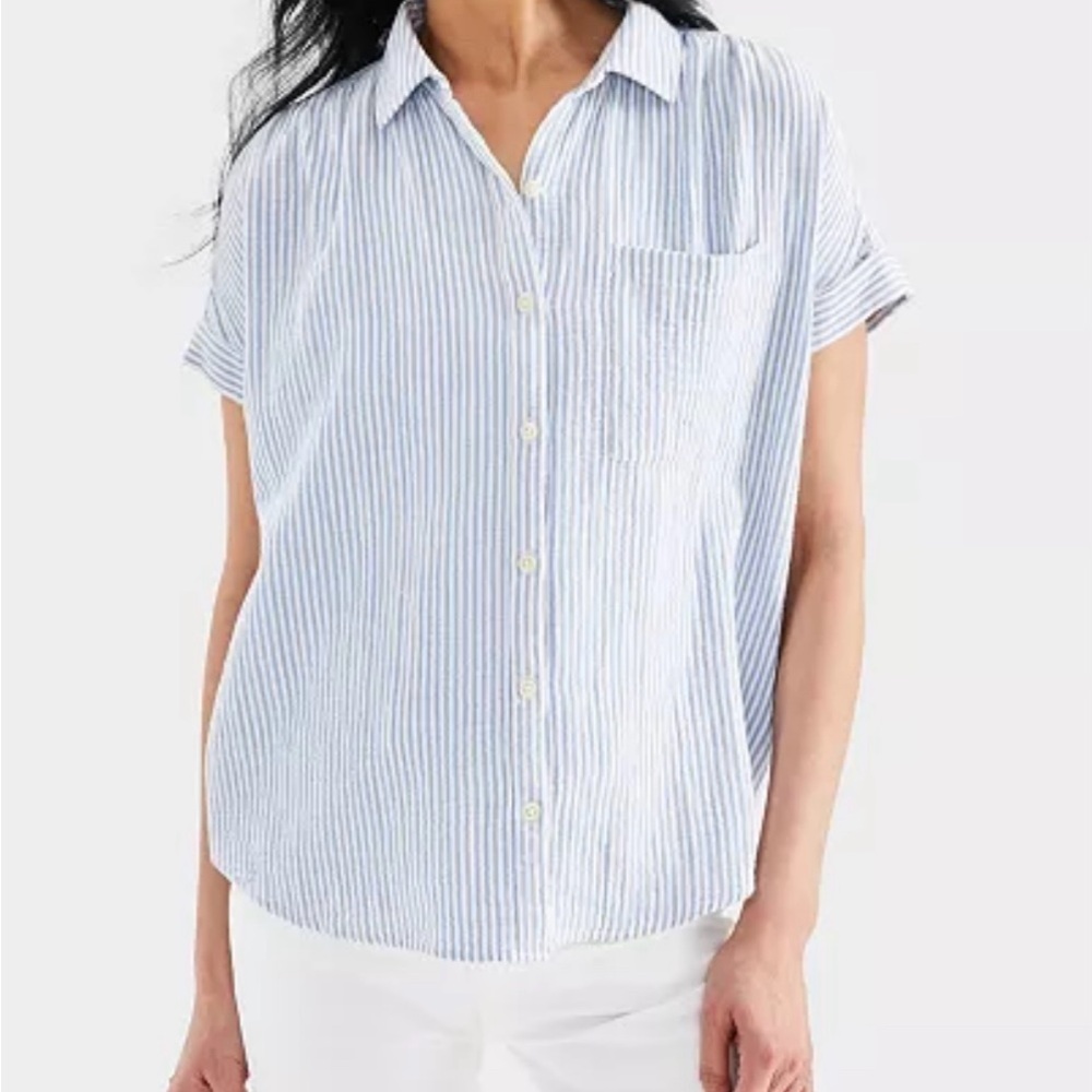 Petite Cotton Gauze Blue Striped Women's Top